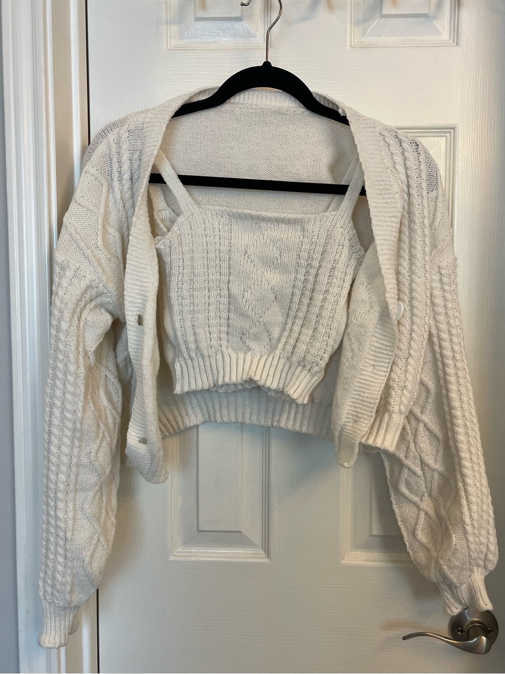 Cable Knit Cropped Cardigan & Tank Set - Cream